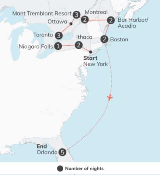 Itinéraire du road trip dans l'Est nord-américain